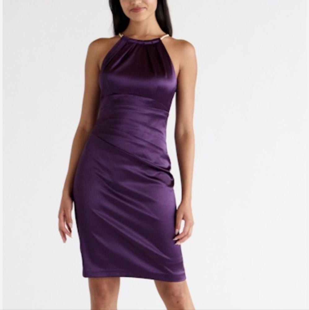 Eliza J Purple Satin Halter Sheath Dress